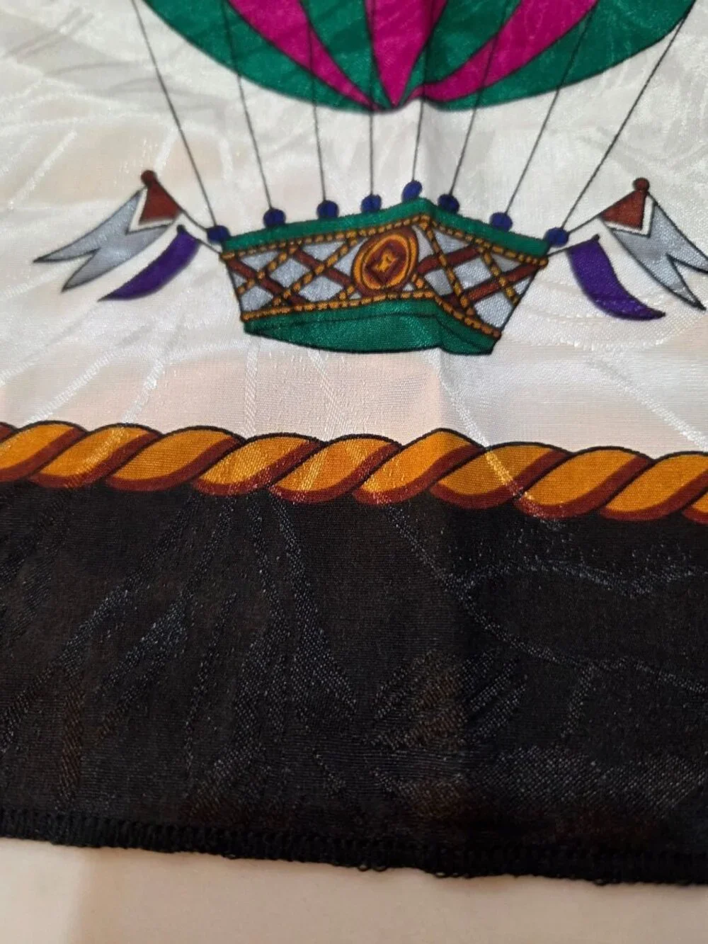 Vintage Hot Air Balloon & Cherub Silk Scarf Black Border White Gold 34